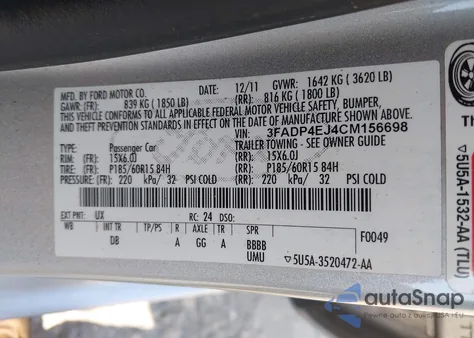 2012 Ford Fiesta Se из США, поврежденный, VIN 3FADP4EJ4CM156698